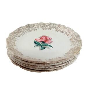 5 Vintage Sabin China Saucers Pink Rose Floral 22K Gold Filagree Rim Distressed